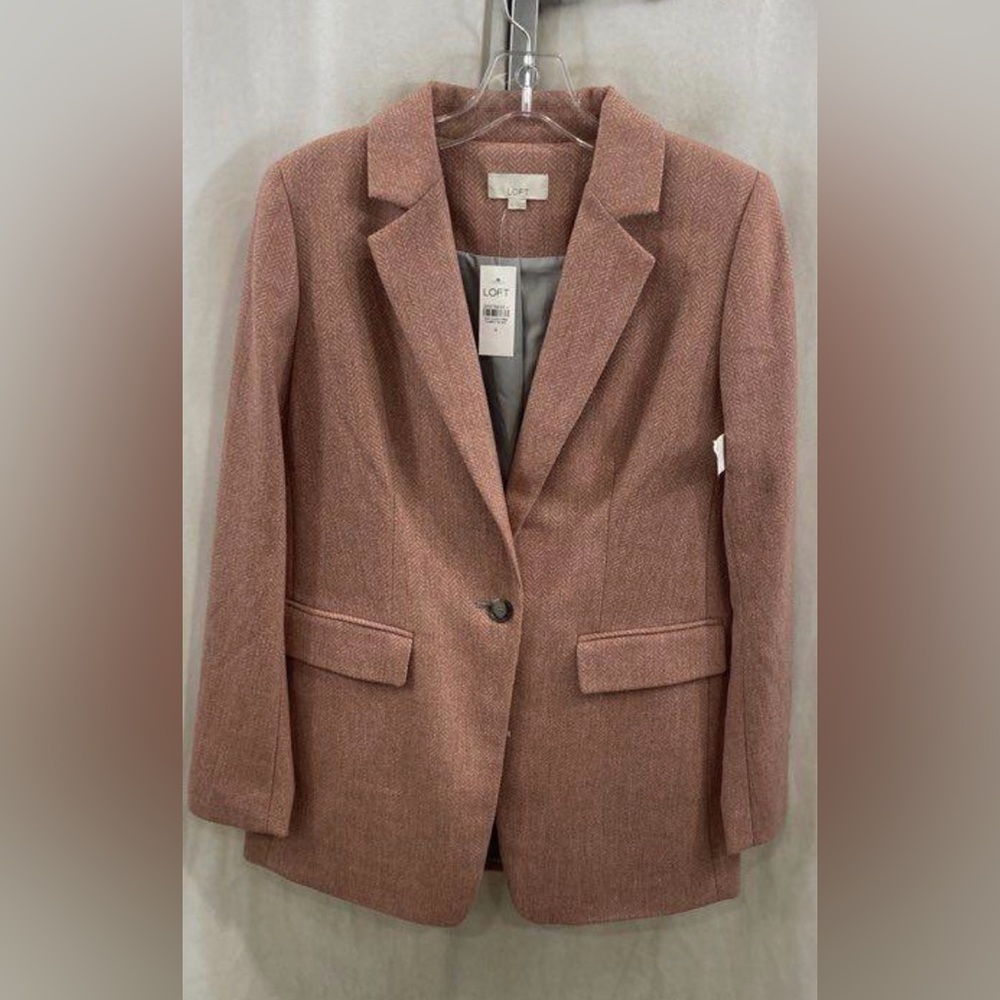 LOFT Blush Herringbone Longline Wool Blend  Blazer